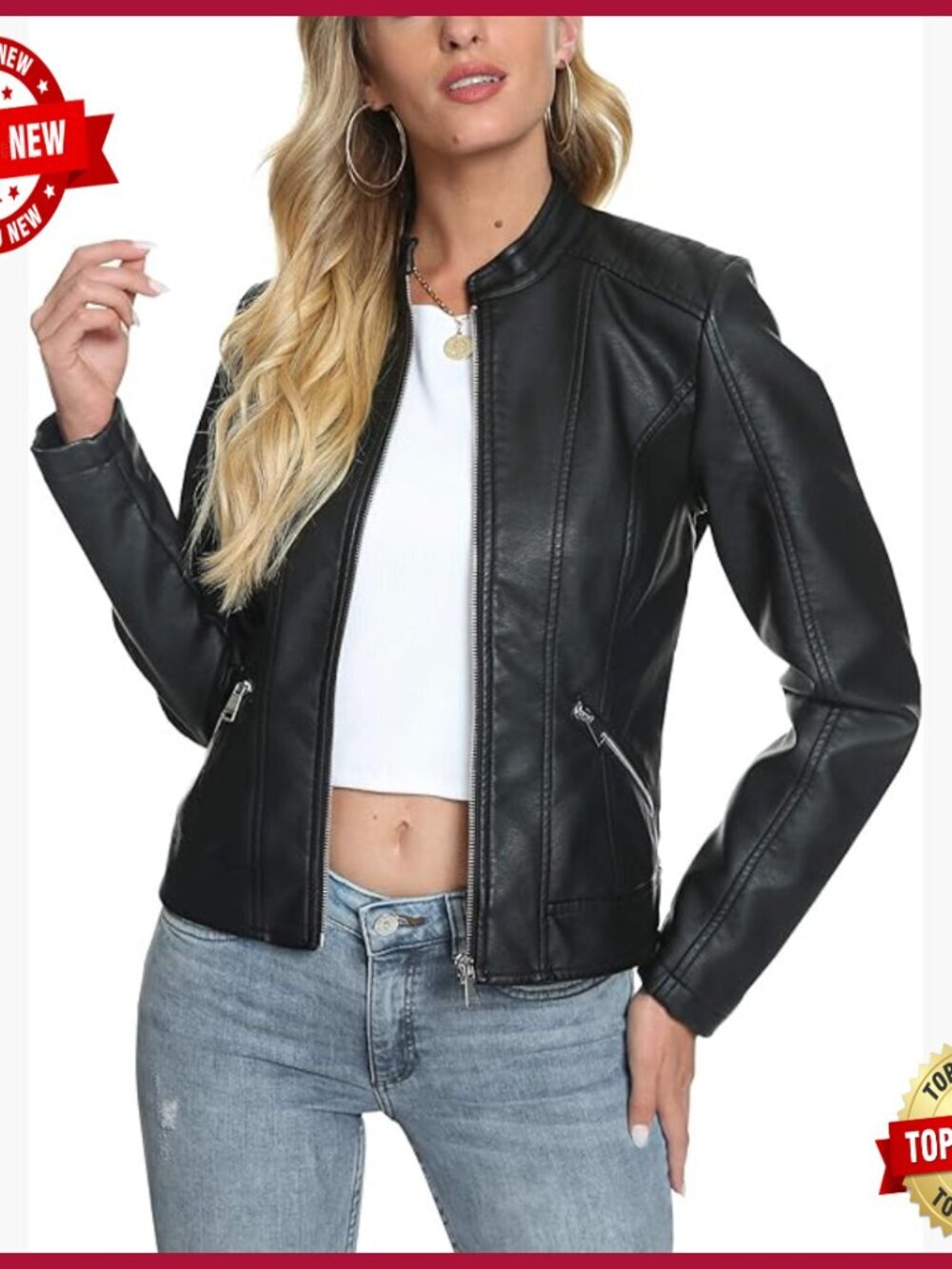 Faux Leather Motorcycle Jacket Slim Fit Zipper Closure Long Sleeve